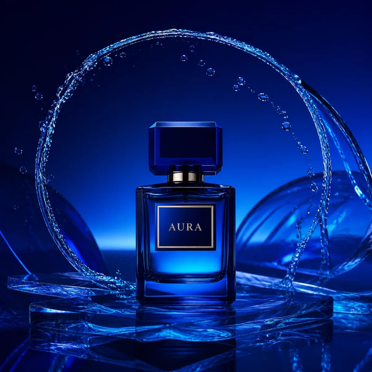 Cobalt perfume campaign with a sculptural arc of water