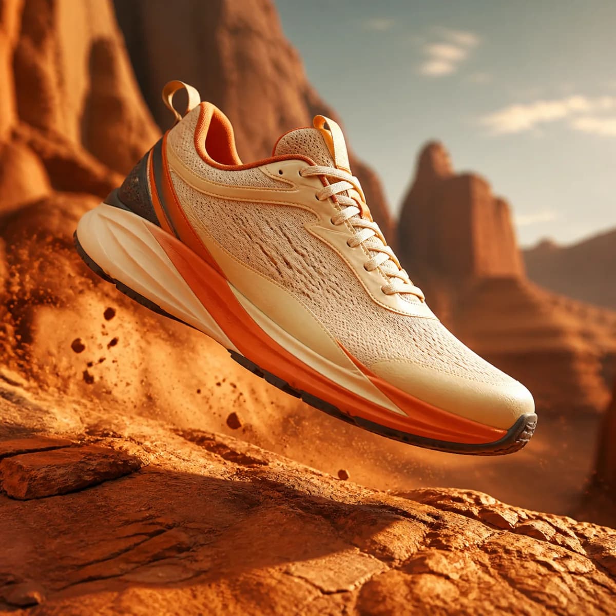 Running shoe campaign in a sunlit desert