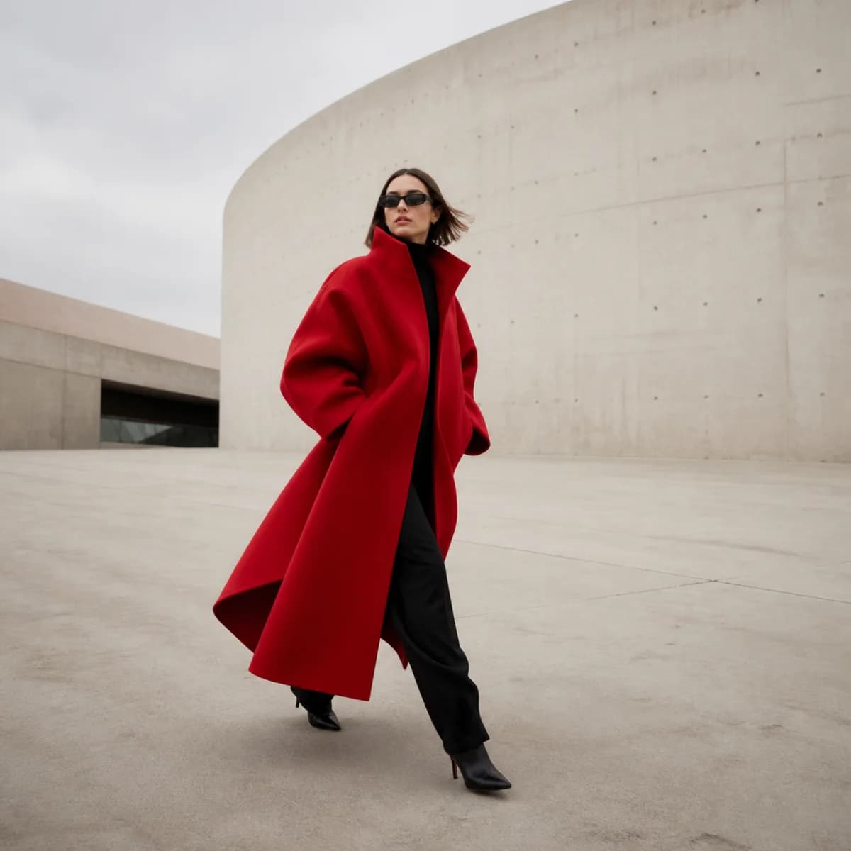 Fashion editorial with a sculptural red coat